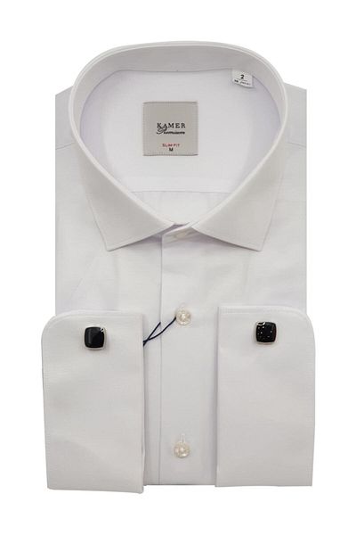 KAMER قميص رجالي من الساتان الأبيض - Slimfit، أساور مزدوجة، أزرار أكمام، ياقة كلاسيكية 2104by