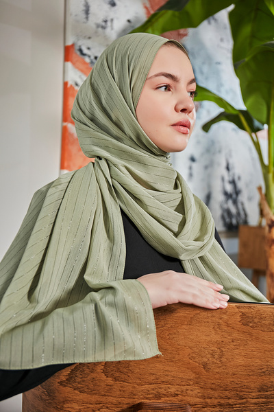 Scarf شال شيفون شفاف لامع مجعد - أخضر داكن -