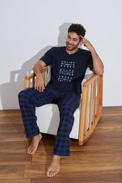 Ayans Pijama Σετ πιτζάμες καρό χτενισμένο βαμβακερό μονό φανελάκι (Καλοκαίρι).