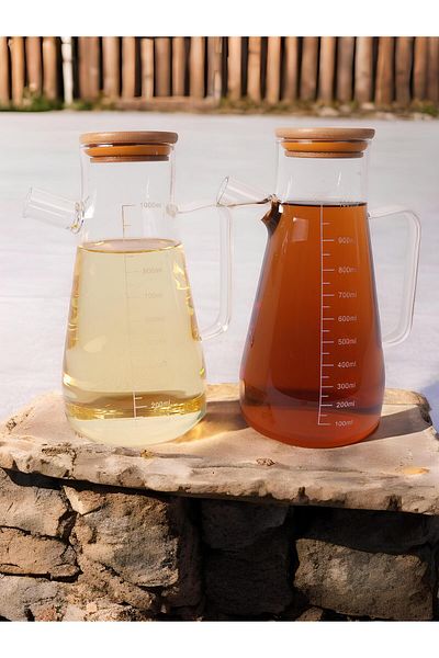 Miraçer Borosilikat Bamboo - Dekanter-Öl-Essig-Set Mit Vakuumdeckel, 2-Teilig, 1000 ml + 1000 ml
