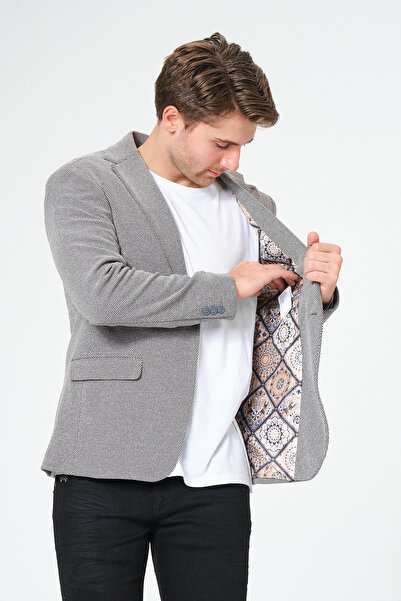 Genel Markalar Gri Mendil Detay Blazer, Klasik Slim Fit Erkek Ceket