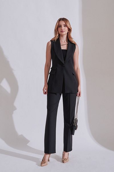 Rabia Çelik Black Buttoned Vest and Trousers Set - Women's Dress