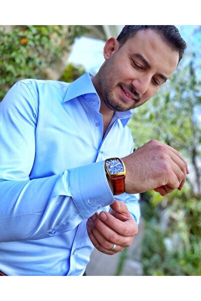 Chamis Slimfit Açık Mavi Saten Polat Yaka Gömlek