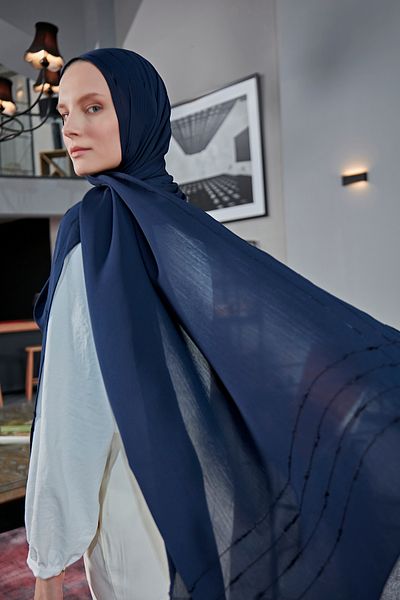Scarf Şal Arya din șifon cu dungi - Bleumarin -