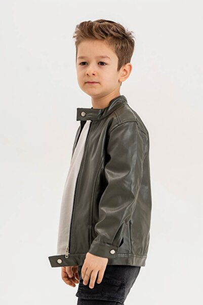 Gold Class Kidswear Fermuarlı Çıtçıtlı Yaka Erkek Çocuk Deri Ceket