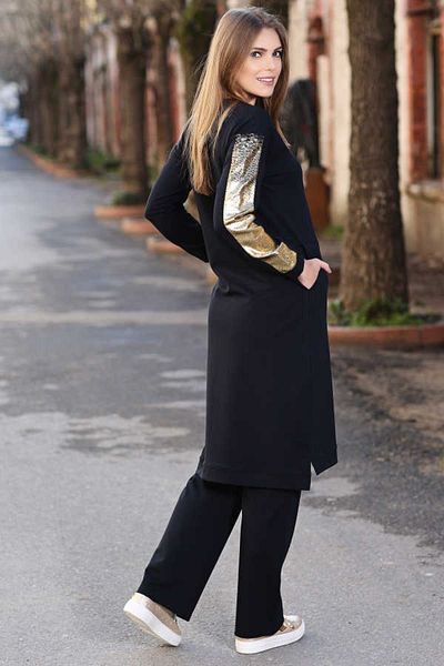 TOMMY LIFE Navy Blue Women's O-Neck Glitter Detailed Standard Fit Classic Leg Tracksuit Tunic Suit - 97080