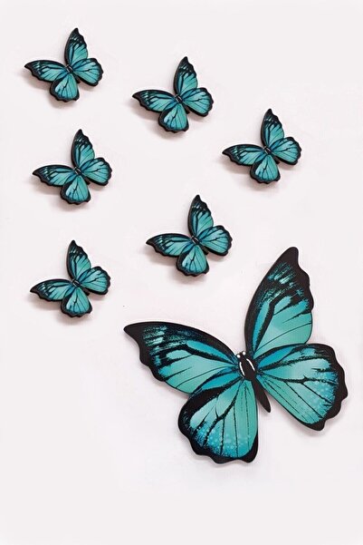 AKIN AKSESUAR HEDİYELİK ديكور حائط خشبي مكون من 6 قطع مع شكل فراشة فيروزية