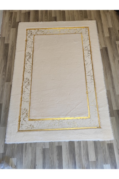 KuzeyCarpet Ekru Renkli Kuş Ayak Modeli Gold Varaklı Peluş Halı