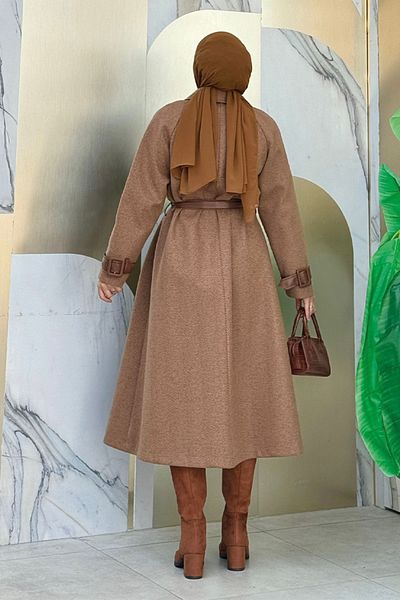 Bym Fashion Καφέ παλτό με στάμπα - με επένδυση, δερμάτινη λεπτομέρεια και ζώνη μέσης 7868