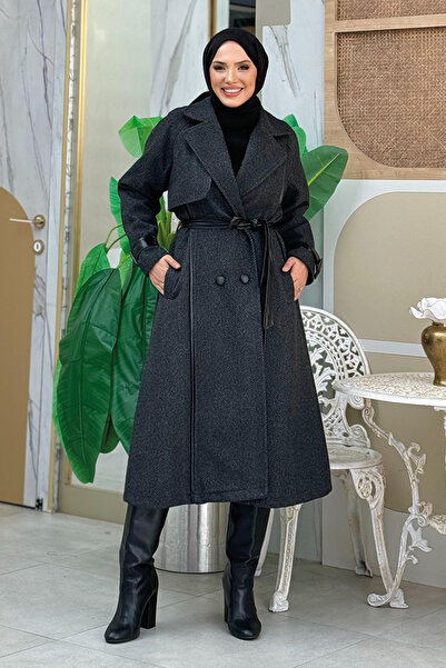 Bym Fashion Black Stamp Coat - Lined, Leather Detailed and Waist Belted 7868