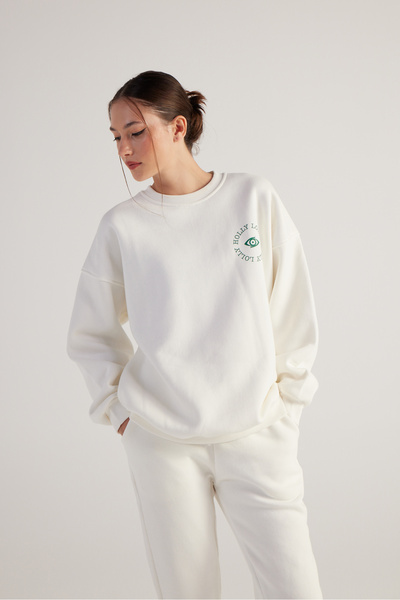 HOLLY LOLLY 3 Thread Raised Long Sleeve Crew Neck Fine Sweatshirts Ecru