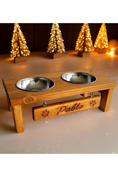 Woodesk Pati Doğal Ahşap Özel İsim İşlemeli Mama Ve Su Kabı CPT5011-45