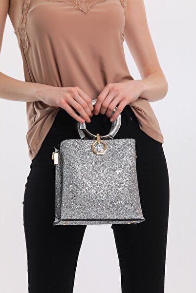 Evident Gümüş Taş Desenli Halka Kulplu Zincirli El Ve Omuz Kadın Çantası