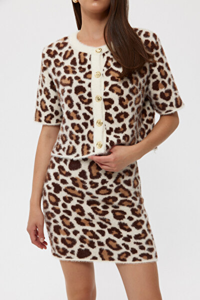 Seda Yalçın Atelier Gold Colored Leopard Patterned Vest and Skirt Set - Gold Button Detail