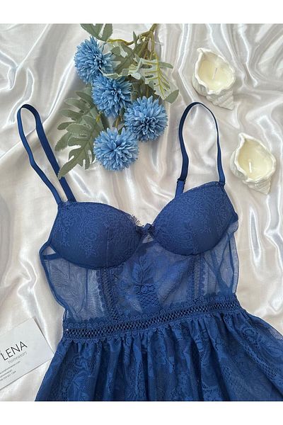 Lena Homewears Γυναικείο νυχτικό με φανταχτερό τούλι Navy Blue
