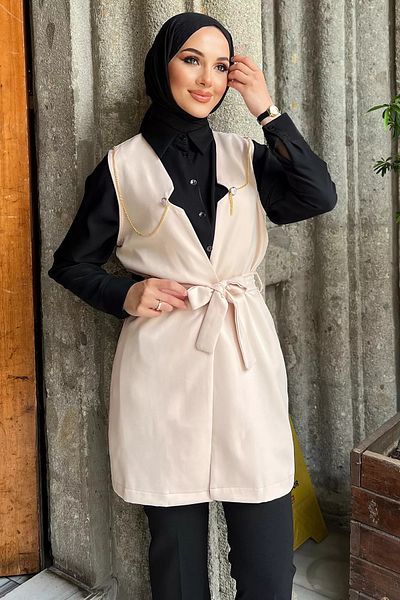 jldkids Μπεζ Hijab Γυναικείο Γιλέκο - Με δέσιμο στη μέση και λεπτομέρεια αλυσίδας
