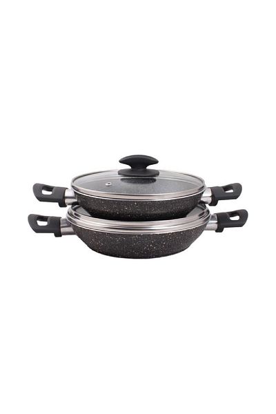 Mehtap Maxi Gray Granite Pan Set - 20 22 with Glass Lid