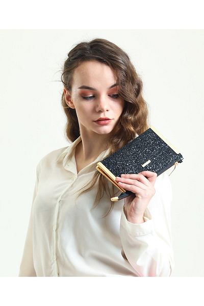 Evident Black Stone Patterned Small Portfolio & Women's Handbag (19 X 11)