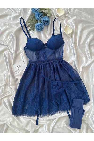 Lena Homewears Γυναικείο νυχτικό με φανταχτερό τούλι Navy Blue