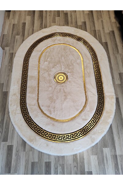 KuzeyCarpet Gold Varaklı Krem Renk Oval Peluş Halı