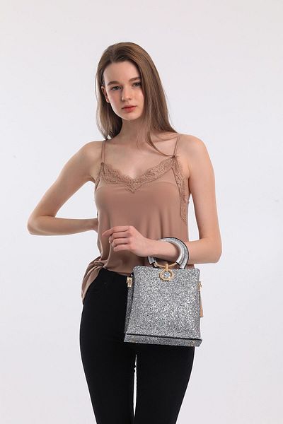 Evident Silver Stone Patterned Ring Handle Chain Hand and Shoulder Women's Bag