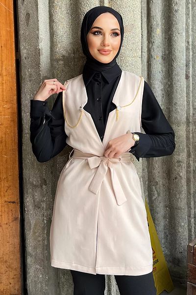 jldkids Μπεζ Hijab Γυναικείο Γιλέκο - Με δέσιμο στη μέση και λεπτομέρεια αλυσίδας