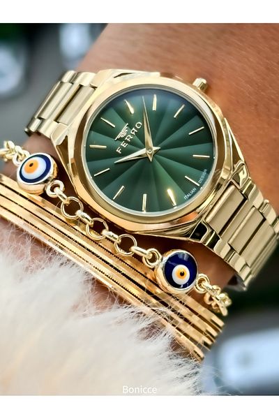 FERRO Brand Steel Cord Yellow Color Women's Wrist Watch + Evil Eye Beaded Bracelet