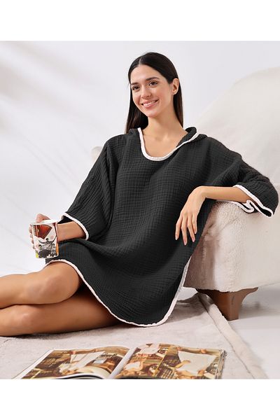 destinyhometex Μαύρο γυναικείο πόντσο με κουκούλα 4 στρώσεων μουσελίνας