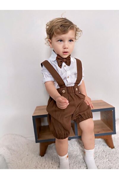 ykr design طقم شورت وقميص وربطة عنق للأطفال الذكور باللون البني للصيف