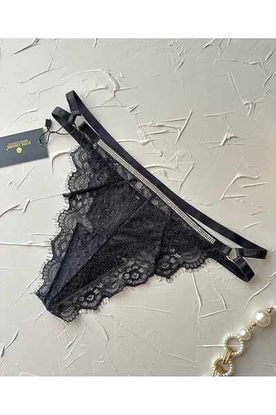 İntive Lingerie Women's Waist Shiny Stone Lace Mesh Cotton Striped Thong