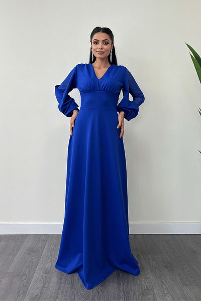 giyimmasalı Crepe Fabric Sleeves Tulle Evening Dress - SAKS BLUE