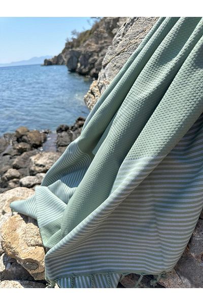 Denizli Concept Πράσινη ριγέ 100% βαμβακερή πεστέμαλ - 100x200 cm - Tasseled Beach & Peshtemal