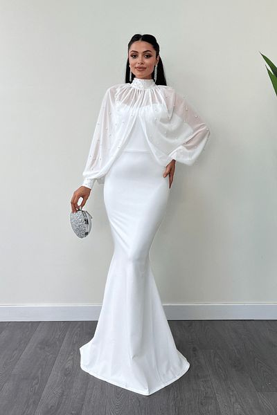 giyimmasalı Krepové šaty Pearl Bolero Detailed Fish Dress - BÍLÉ