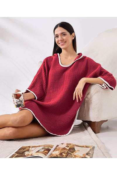 destinyhometex Γυναικείο πόντσο με κουκούλα μουσελίνας μπορντό 4 στρώσεων