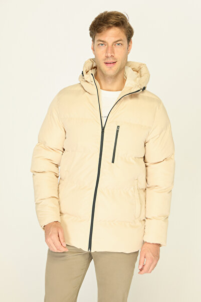 RİVERCLUP Erkek Bej Elyaflı Kapüşonlu Rüzgar Geçirmez Şişme Kışlık Mont