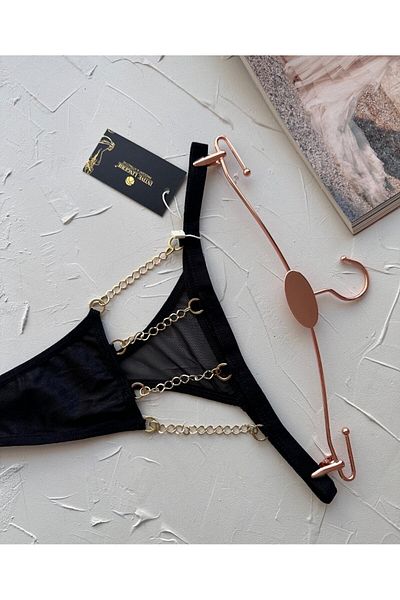 İntive Lingerie Black Front Four Chain Detailed Transparent Mesh Cotton Fancy Thong-5257 (Special Collection)