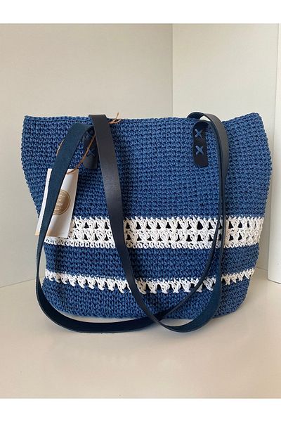 PeriStore Ibiza Navy Blue Straw Shoulder Bag - 38x30cm Handmade