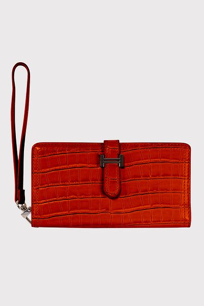 Garbalia Tan Women's Wallet - Astana Belt, Locked Zipper, Wrist Strap, Croco Pattern with Phone Compartment