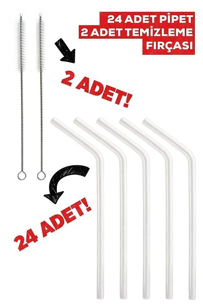 Gündüz Ticaret 1. Quality Set of 24 Glass Straws and Cleaning Brushes - 9 Mm