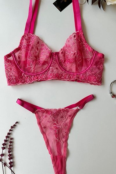 İntive Lingerie Milena Candy Pink Ρυθμιζόμενο Σετ Σουτιέν με μοτίβο λουλουδιών με κορδόνια - περιορισμένη