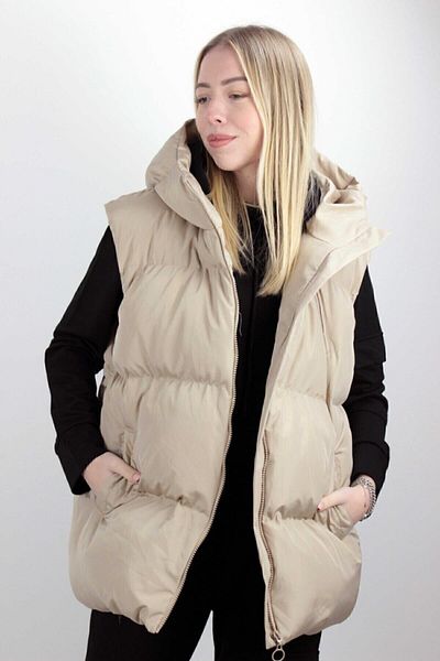 Belly Moon Women's Beige Pocket Hooded Sleeveless Puffer Vest