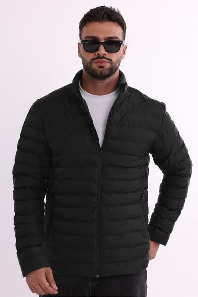 RİVERCLUP Leichter, aufblasbarer schwarzer Herrenmantel – tragbar, winddicht, warm, mit Fasern gepolstert