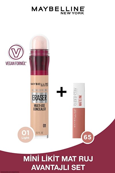 Maybelline New York Instant Anti Age Eraser Kapatıcı 01 Light & Mini Super Stay Matte Ink Likit Mat Ruj 65 Seductress