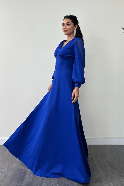 giyimmasalı Crepe Fabric Sleeves Tulle Evening Dress - SAKS BLUE