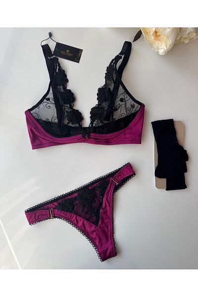 İntive Lingerie Σετ σουτιέν με εσώρουχο φούξια μαύρο δαντέλα - 5315