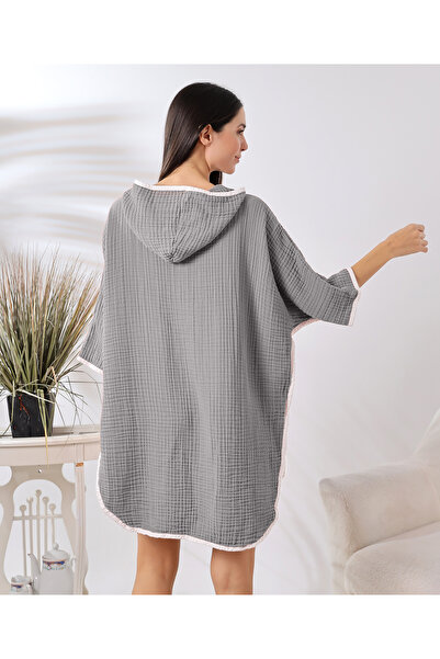 destinyhometex Σκούρο γκρι 4 στρώσεων μουσελίνα με κουκούλα για ενήλικες γυναίκες Poncho