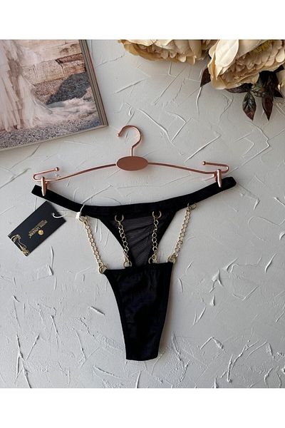 İntive Lingerie Black Front Four Chain Detailed Transparent Mesh Cotton Fancy Thong-5257 (Special Collection)
