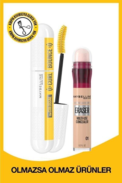 Maybelline New York Colossal Curl Bounce Maskara & Instant Anti Age Eraser Kapatıcı 01 Light 2'li Göz Makyajı Seti