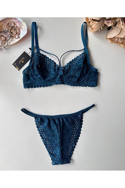 İntive Lingerie Set de sutien pentru chiloți cu sârmă din dantelă Love din țesătură strălucitoare