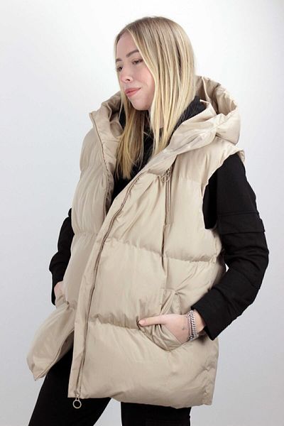 Belly Moon Women's Beige Pocket Hooded Sleeveless Puffer Vest